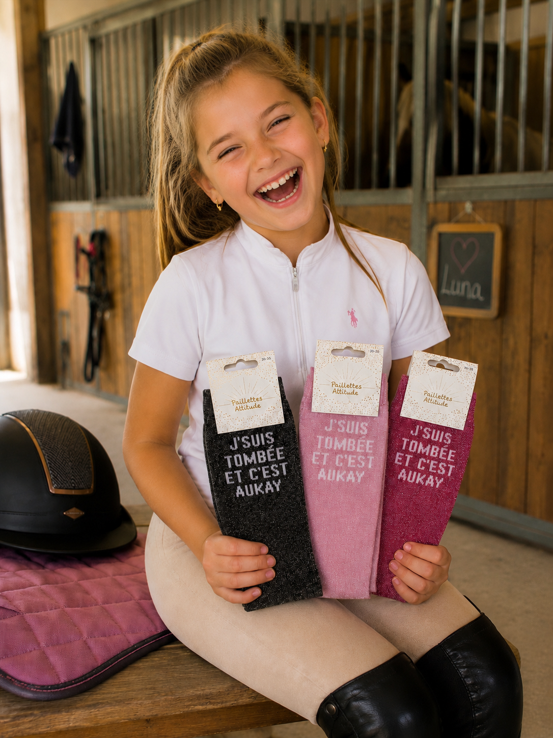 Chaussette pailletée équitation 30-35 J’SUIS TOMBÉE ET C’EST AUKAY